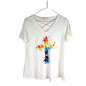 Roshop Women's V-Neck Criss Cross SS T-Shirt‎ Size Small